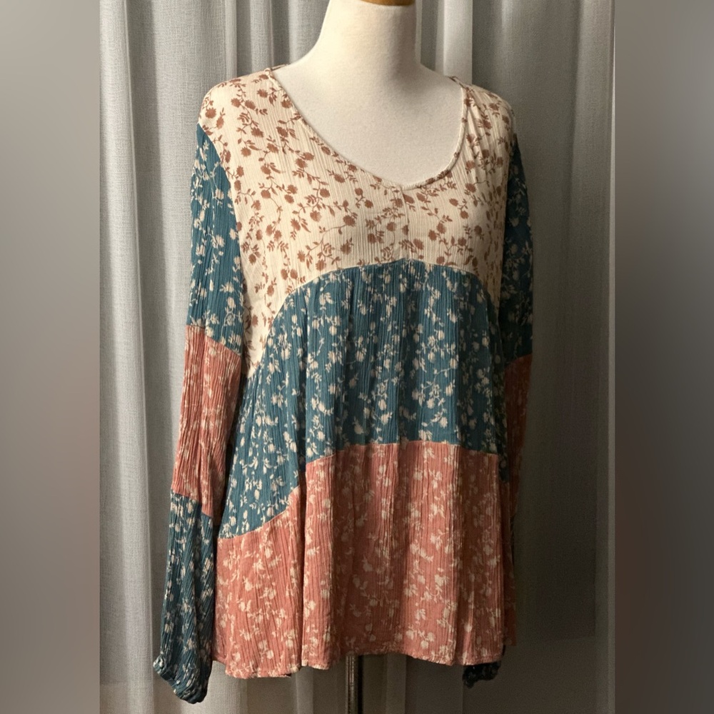 ODDI Full Size Contrast Floral Babydoll Dress/ Size Large.